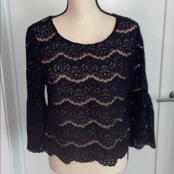 Rose & Olive Tops - Black & Nude Lace, Bell Sleeve Top